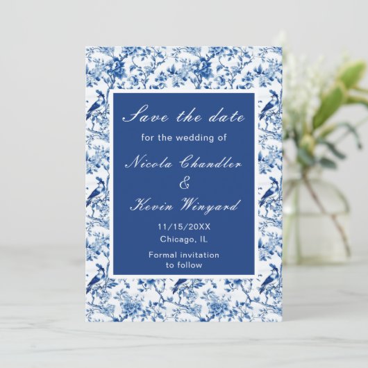 Chinoiserie Blauwe Vogels en Bloemen Huwelijk Save The Date (Staand voorkant)