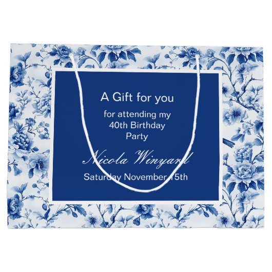 Chinoiserie Blauwe Vogels en Bloemen Verjaardag Groot Cadeauzakje (Achterkant)