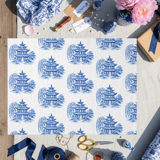 Chinoiserie Blauwe Wilg Pagode Tissuepapier