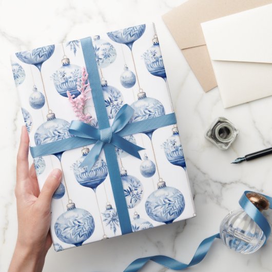 Chinoiserie Blauwe & Witte Kerstornamenten Cadeaupapier (Geschenken)