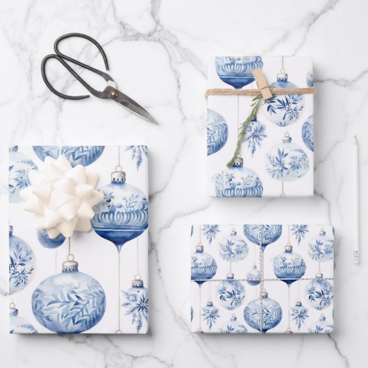Chinoiserie Blauwe & Witte Kerstornamenten Inpakpapier Vel (Voorkant)