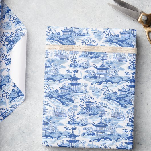 Chinoiserie Blauwe & Witte Pagodes Cadeaupapier