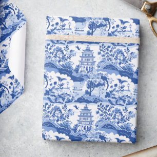 Chinoiserie Blauwe & Witte Pagodes Cadeaupapier