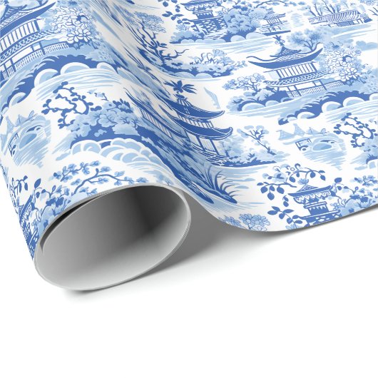Chinoiserie Blauwe & Witte Pagodes Cadeaupapier (Rol Hoek)