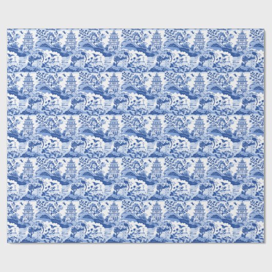 Chinoiserie Blauwe & Witte Pagodes Cadeaupapier (Vlak)