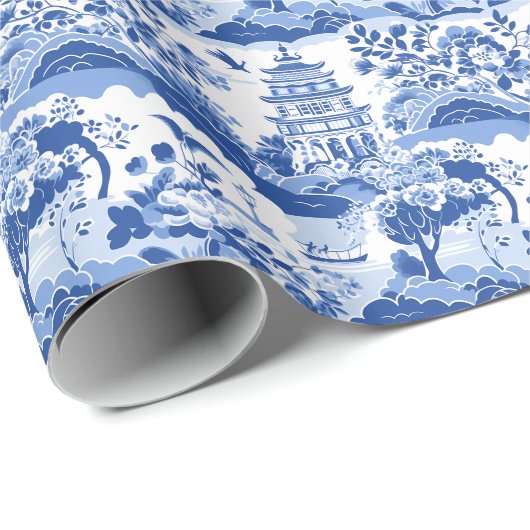 Chinoiserie Blauwe & Witte Pagodes Cadeaupapier (Rol Hoek)