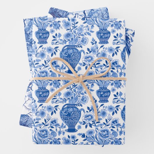 Chinoiserie Blauwe & Witte Pagodes Ginger Jars Vog Inpakpapier Vel (In situ)