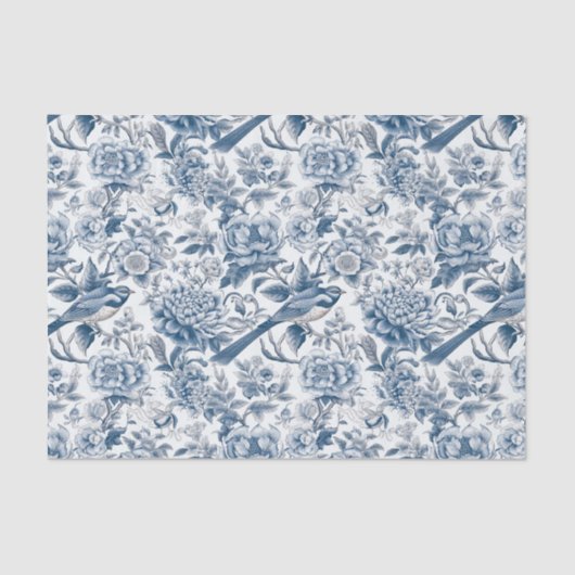 Chinoiserie Blauwe Witte Pioen Bloemen Vogel Decou Tissuepapier (Voorkant)