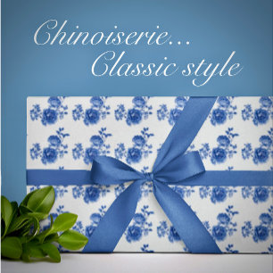 Chinoiserie Blauwe Witte Rozen Bloemen Inpakpapier