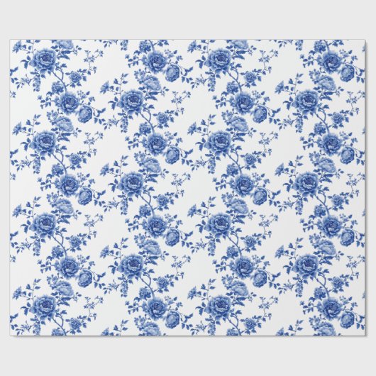 Chinoiserie Blauwe Witte Rozen Inpakpapier (Vlak)
