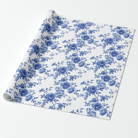 Chinoiserie Blauwe Witte Rozen Inpakpapier (Uitgerold)