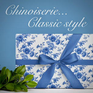 Chinoiserie Blauwe Witte Rozen Inpakpapier