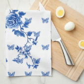 Chinoiserie Blauwe Witte Vlinder Rozen Theedoek (Quarter Fold)