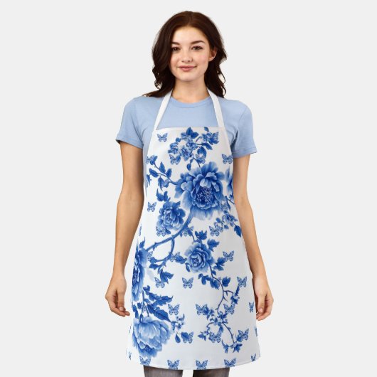 Chinoiserie Blauwe Witte Vlinderrozen Schort (Gedragen)