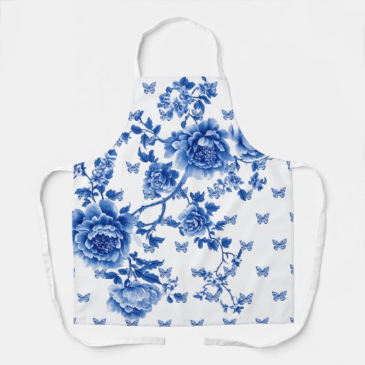 Chinoiserie Blauwe Witte Vlinderrozen  Schort (Voorkant)