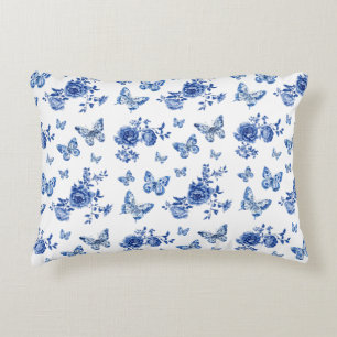  Chinoiserie Blauwe Witte Vlinders Bloemen Accent Kussen