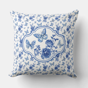 Chinoiserie Blauwe Witte Vlinders Bloemen Kussen