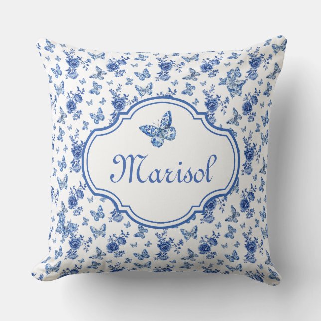 Chinoiserie Blauwe Witte Vlinders Gepersonaliseerd Kussen (Voorkant)