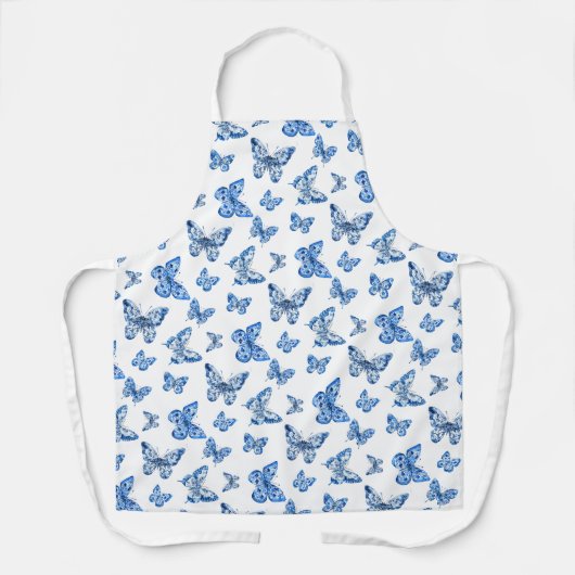 Chinoiserie Blauwe Witte Vlinders Schort (Voorkant)