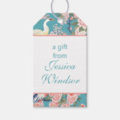 Chinoiserie Blauwgroen Bloemen Egret Cadeaulabel (Voorkant)