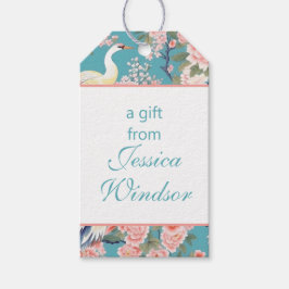 Chinoiserie Blauwgroen Bloemen Egret Cadeaulabel