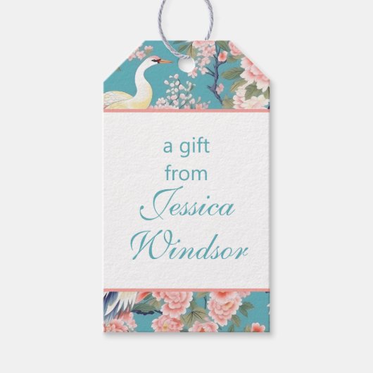 Chinoiserie Blauwgroen Bloemen Egret Cadeaulabel (Voorkant)