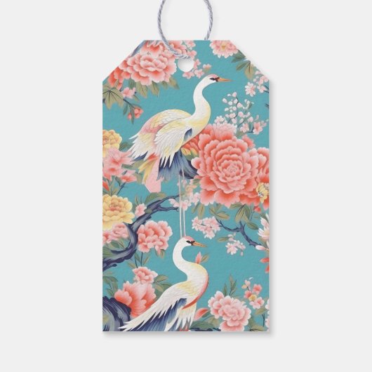 Chinoiserie Blauwgroen Bloemen Egret Cadeaulabel (Achterkant)