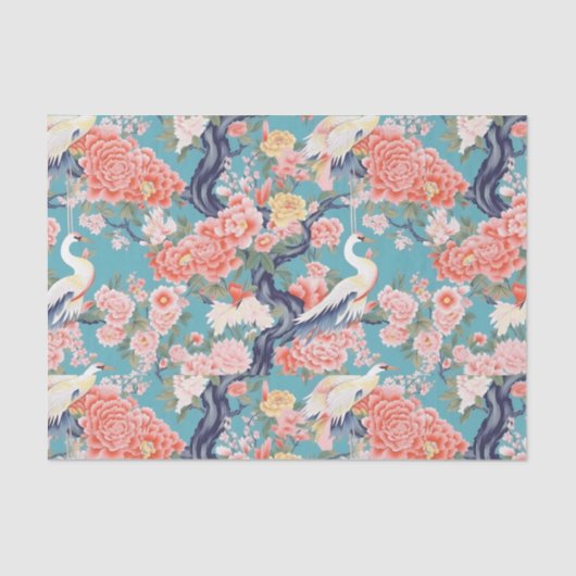 Chinoiserie Blauwgroen Bloemen Egret Tissuepapier (Voorkant)