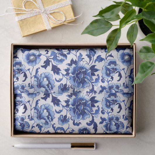 Chinoiserie Bloemen Blauw Wit Patroon Decoupage Tissuepapier (Geschenk)
