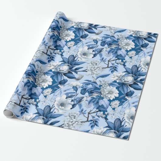Chinoiserie Bloemen Blauw Wit Schilderij Cadeaupapier (Uitgerold)