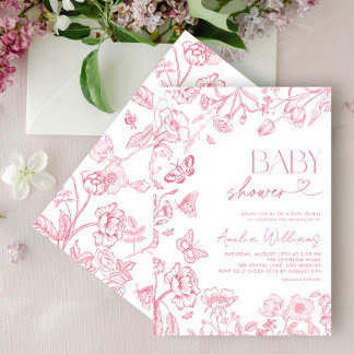 Chinoiserie Bloemen Roze Script Baby shower Kaart