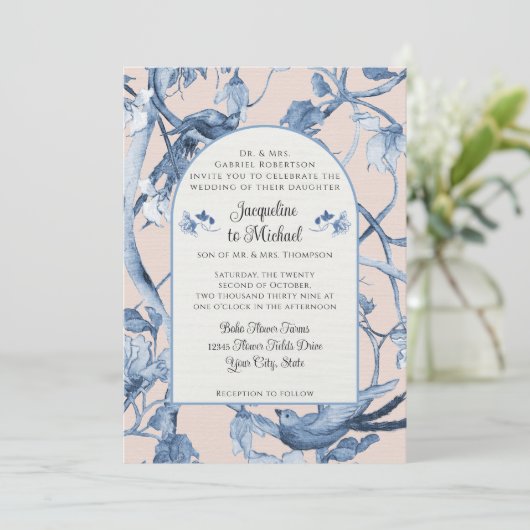 Chinoiserie Bloemen Wit Blauw In Roze Vogels Bruil Kaart (Staand voorkant)