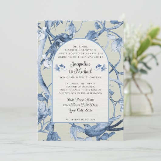 Chinoiserie Bloemen Wit Blauw In Sage Vogels Bruil Kaart (Staand voorkant)