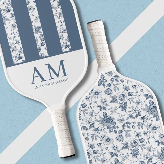 Chinoiserie Bloemenpatroon Azulejo Blauw Monogram Pickleball Paddle
