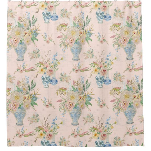 Chinoiserie Bloemenvaas Blush Roze Pioen Bad Douchegordijn (Voorkant)