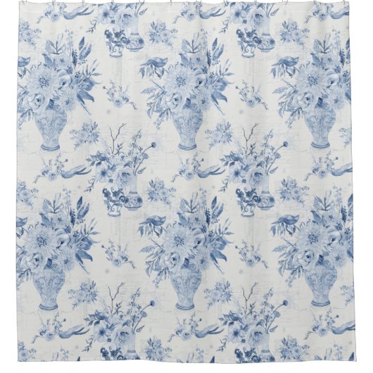 Chinoiserie Bloemenvaas Peony Blauw Wit Bad Douchegordijn (Voorkant)