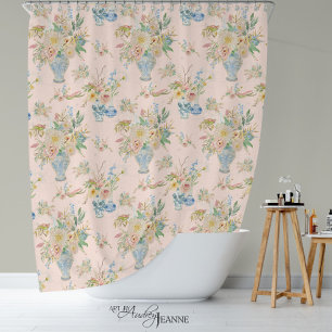 Chinoiserie Bloemenvase Roze Pioen Badkamer Douchegordijn