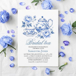 Chinoiserie bloemige blauwe theepot bruidsdouche kaart