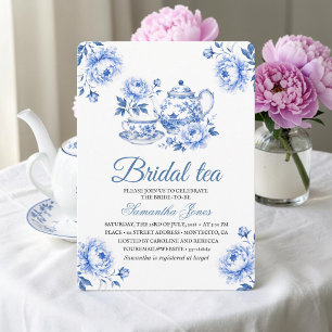 Chinoiserie bloemige blauwe theepot bruiloft kaart
