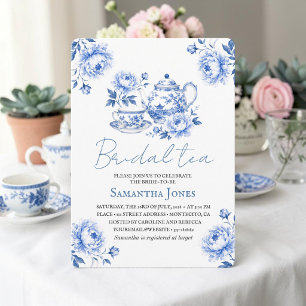 Chinoiserie bloemige blauwe theepot bruiloft kaart