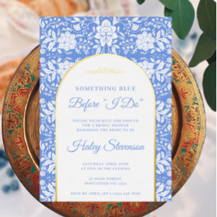 Chinoiserie Bloemige 'Something Blue' Bruiloftsbor Folie Uitnodiging
