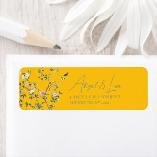 Chinoiserie bloemrijke vogel trouwuitnodiging adre etiket