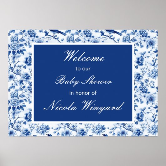 Chinoiserie Blue Birds and Flowers Baby shower Poster (Voorkant)