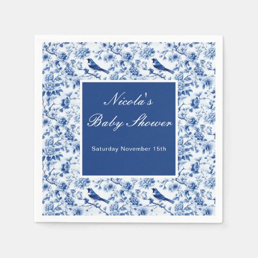 Chinoiserie Blue Birds and Flowers Baby Shower Servet (Voorkant)