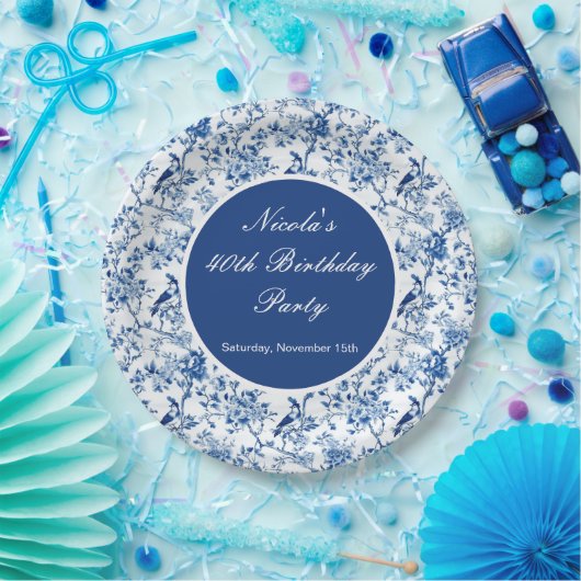 Chinoiserie Blue Birds and Flowers Birthday Papieren Bordje (Feest)