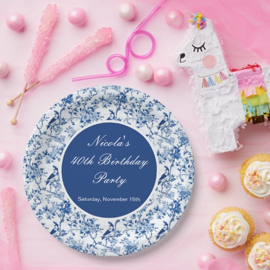 Chinoiserie Blue Birds and Flowers Birthday Papieren Bordje (Feest)