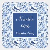 Chinoiserie Blue Birds and Flowers Birthday Vierkante Sticker (Voorkant)