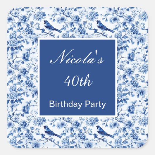 Chinoiserie Blue Birds and Flowers Birthday Vierkante Sticker (Voorkant)
