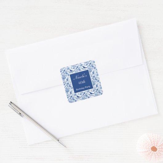 Chinoiserie Blue Birds and Flowers Birthday Vierkante Sticker (Envelop)
