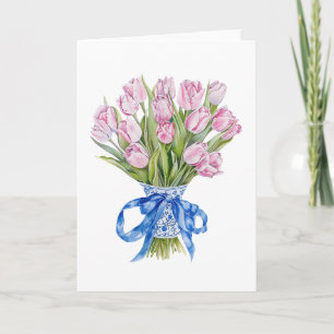 Chinoiserie Blue Bow Tulips Flowers Blank Greeting Kaart